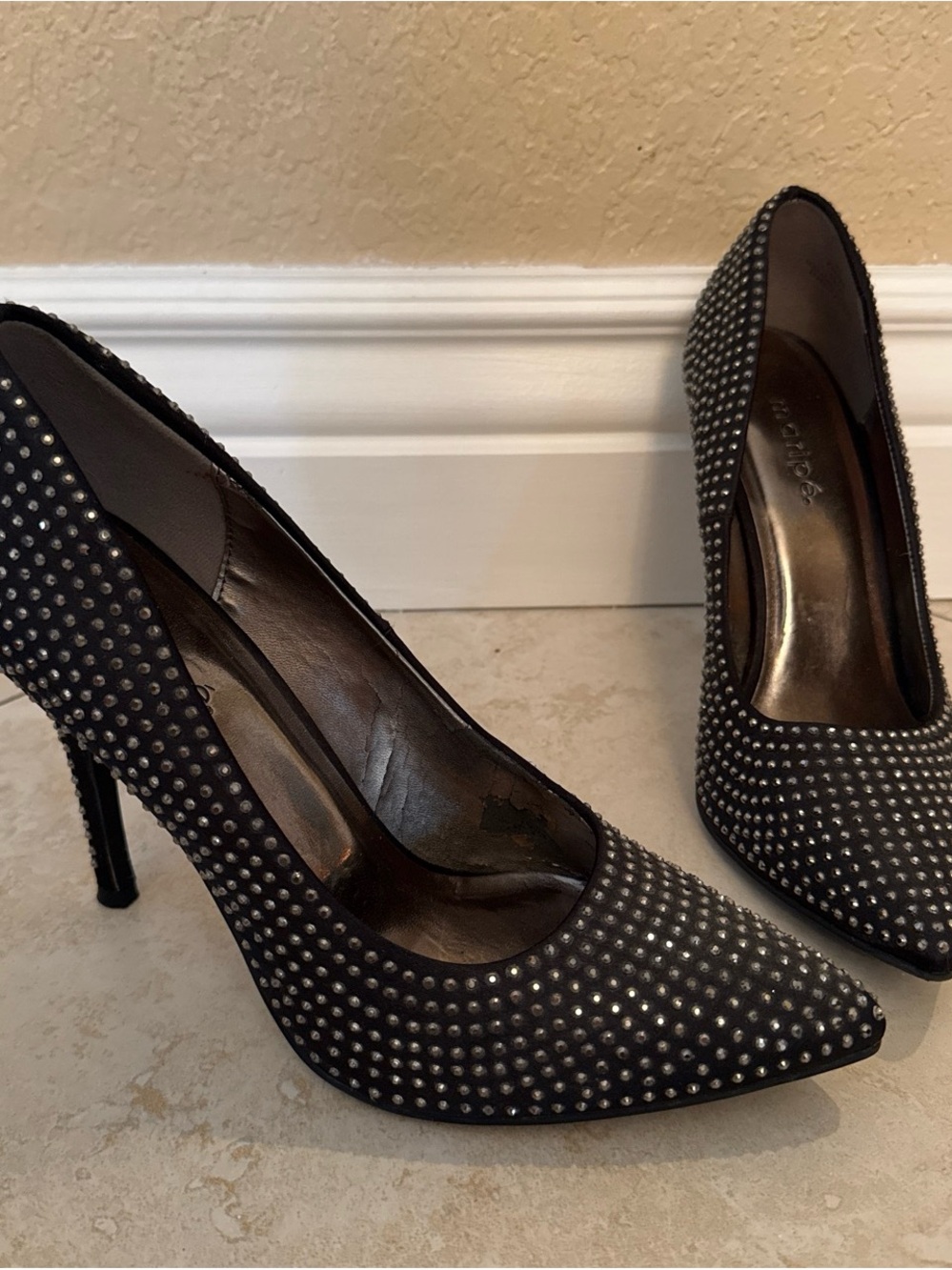 Maripe Black Rhinestone-Studded Pointed Toe Heel Pumps
